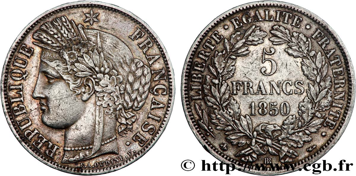 5 francs Cérès, IIe République 1850 Strasbourg F.327/5 BB 