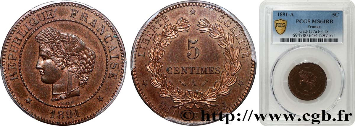 5 centimes Cérès 1891 Paris F.118/33 SPL64 PCGS