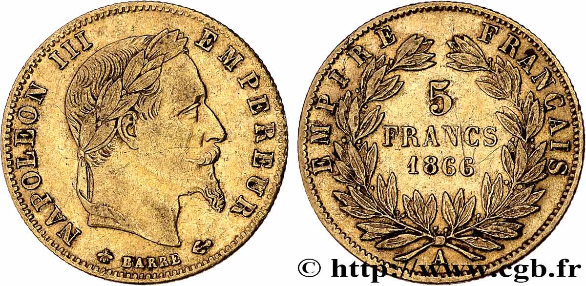 5 francs or Napoléon III, tête laurée 1866 Paris F.502/9 TB+ 