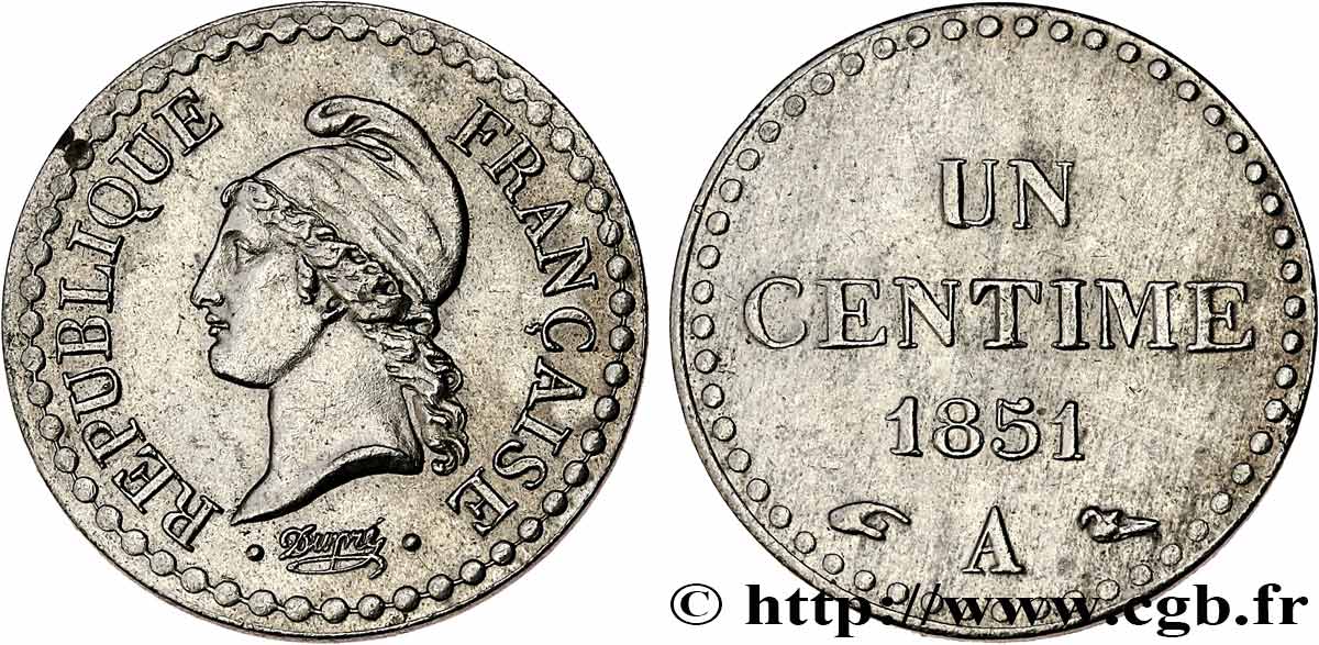 Un centime Dupré, IIe République, nickelée 1851 Paris F.101/8 AU 