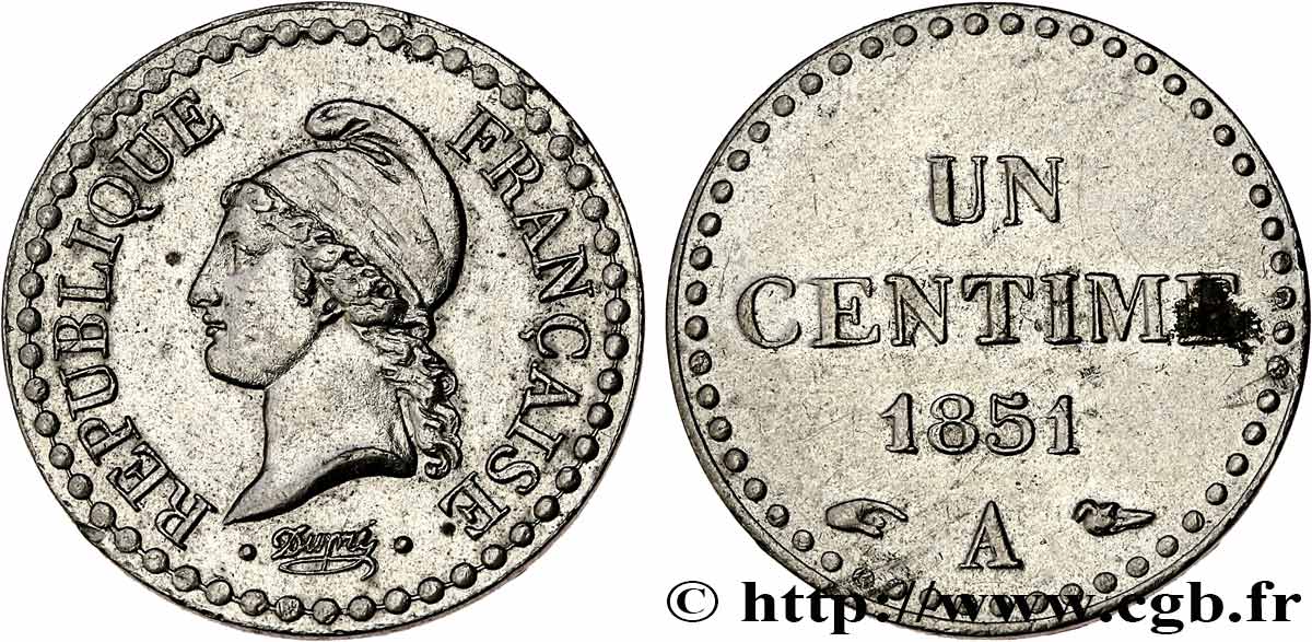 Un centime Dupré, IIe République, nickelée 1851 Paris F.101/8 AU 