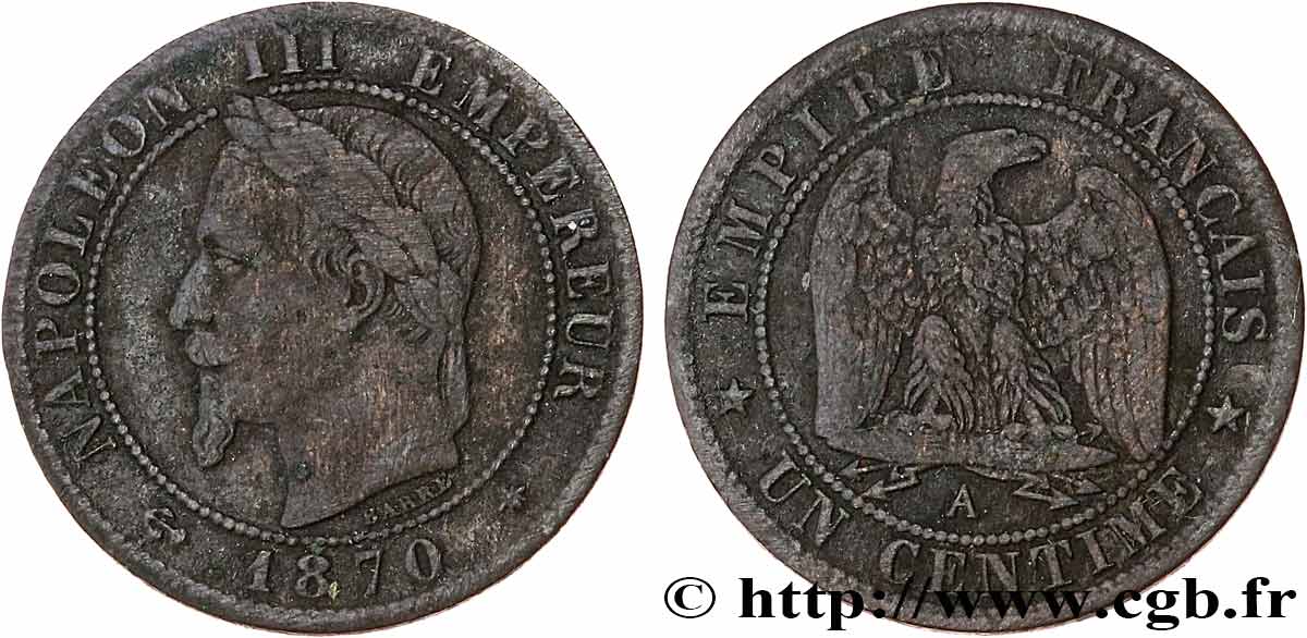 Un centime Napoléon III, tête laurée 1870 Paris F.103/8 F15 
