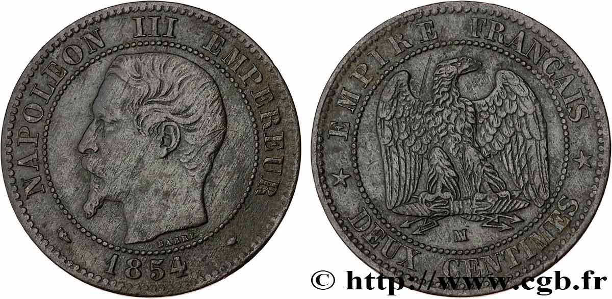 Deux centimes Napoléon III, tête nue 1854 Marseille F.107/17 BC 