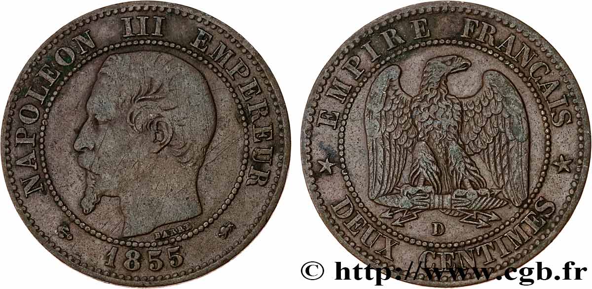Deux centimes Napoléon III, tête nue 1855 Lyon F.107/32 TB 