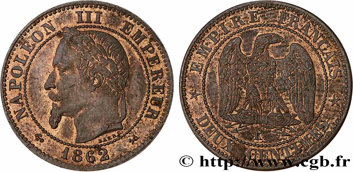Deux centimes Napoléon III, tête laurée 1862 Bordeaux F.108A/7 MS61 