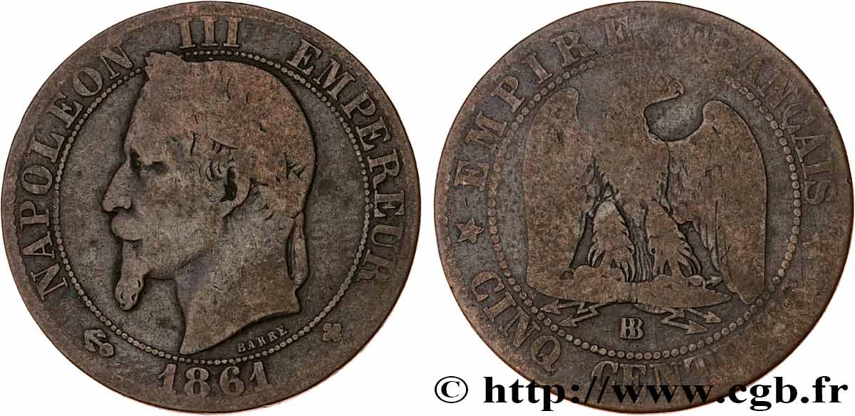 Cinq centimes Napoléon III, tête laurée 1861 Strasbourg F.117/5 RC12 