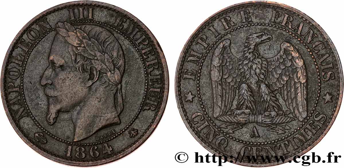 Cinq centimes Napoléon III, tête laurée 1864 Paris F.117/13 VF 