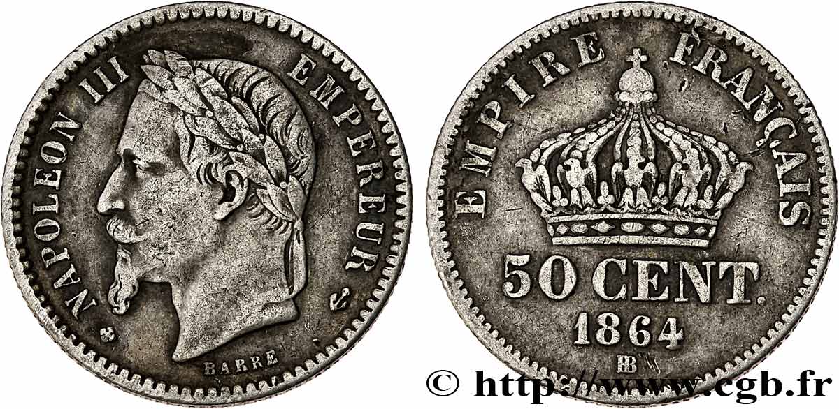50 centimes Napoléon III, tête laurée 1864 Strasbourg F.188/3 BC35 