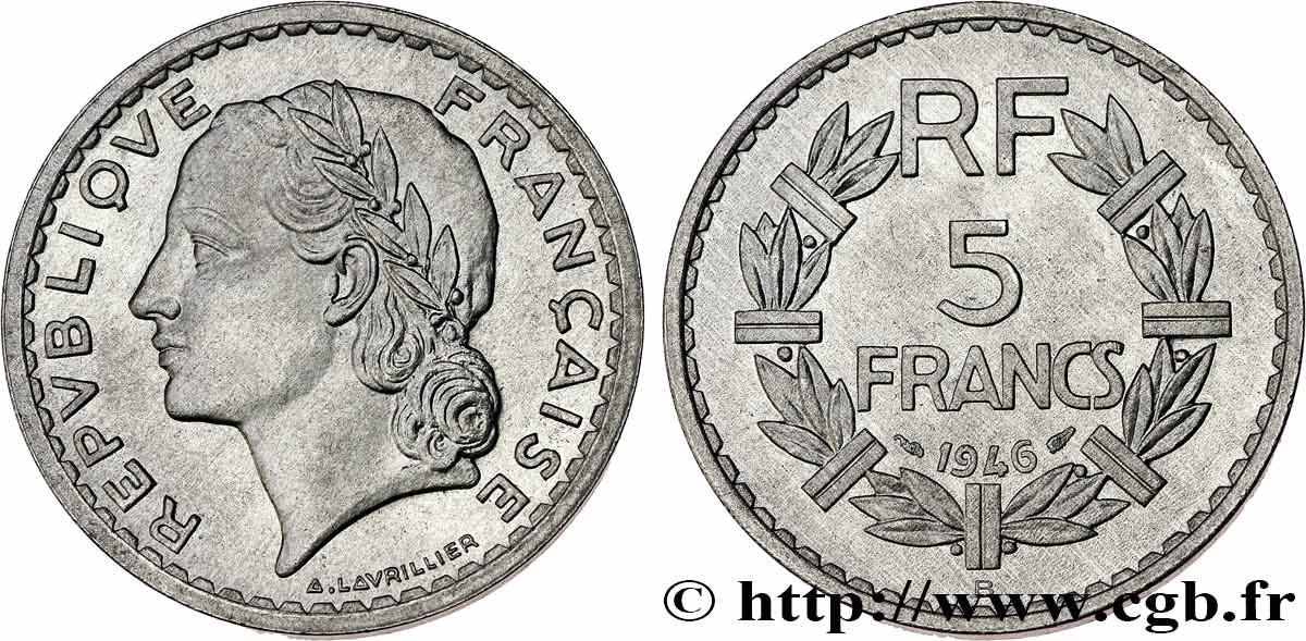 5 francs Lavrillier, aluminium 1946 Beaumont-Le-Roger F.339/7 MS64 
