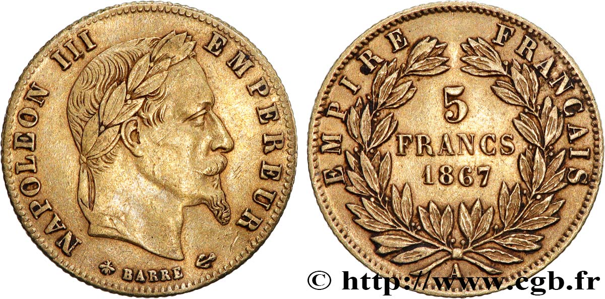 5 francs or Napoléon III, tête laurée 1867 Paris F.502/11 SS 