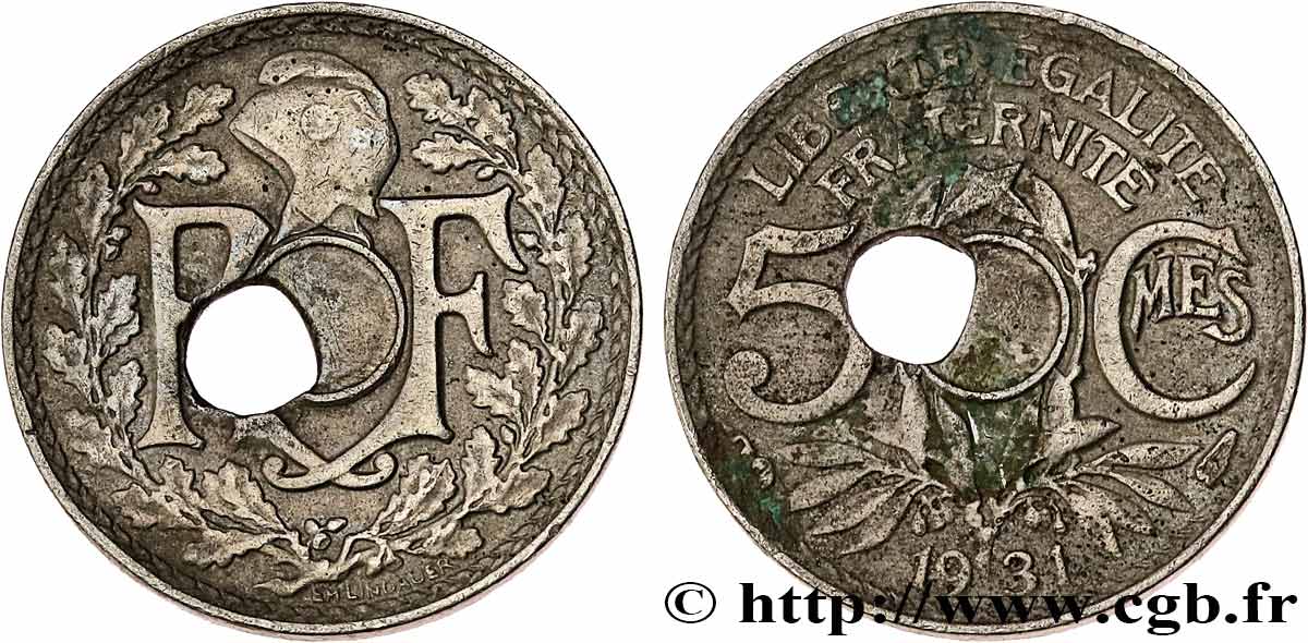 5 centimes Lindauer, petit module, trou décentré 1931 Paris F.122/14 var. TB 