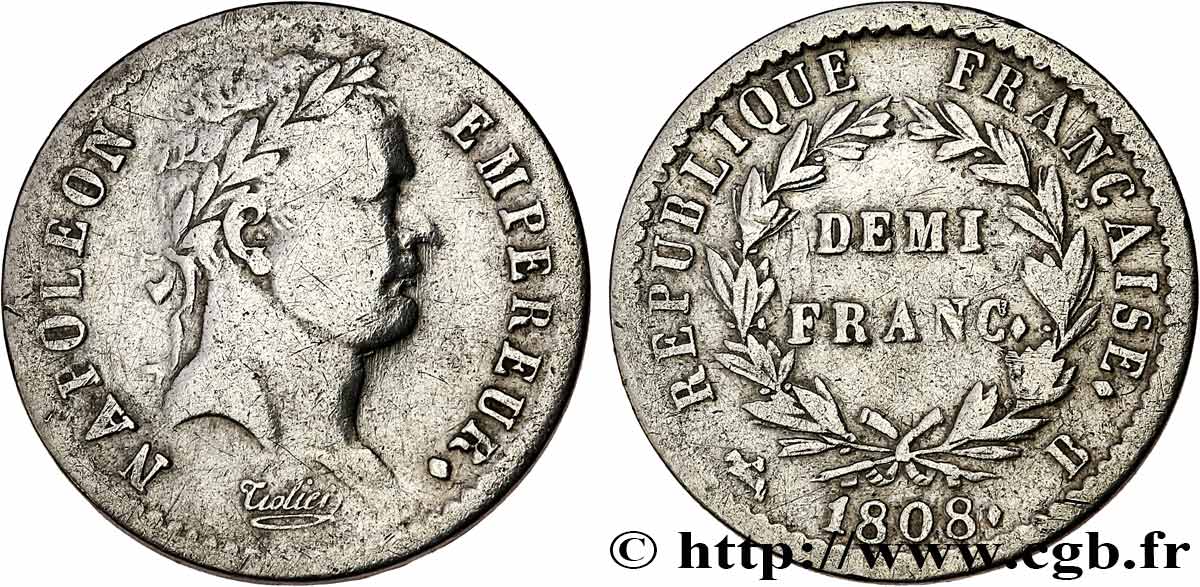 Demi-franc Napoléon Ier tête laurée, République française, buste fin 1808 Rouen F.177/3 VF 