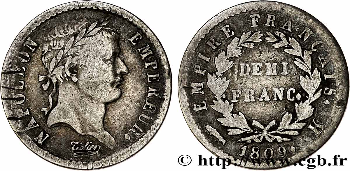 Demi-franc Napoléon Ier tête laurée, Empire français 1809 Bordeaux F.178/4 BC 