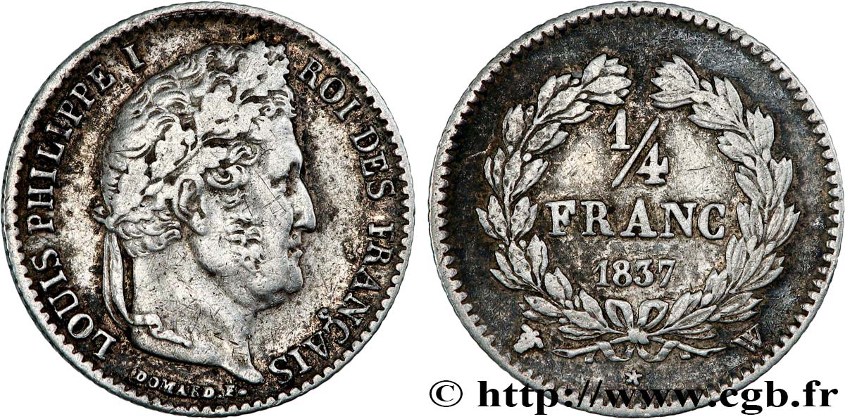 1/4 franc Louis-Philippe 1837 Lille F.166/68 VF 