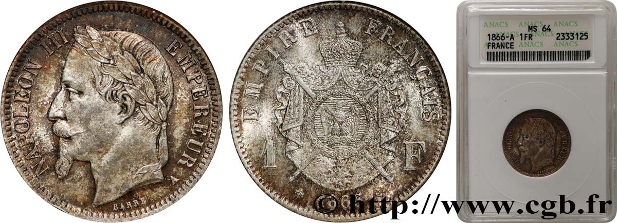 1 franc Napoléon III, tête laurée 1866 Paris F.215/3 fST64 ANACS