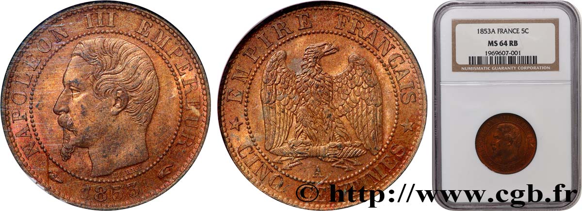 Cinq centimes Napoléon III, tête nue 1853 Paris F.116/1 SPL64 NGC