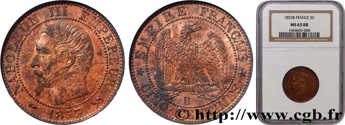 Cinq centimes Napoléon III, tête nue 1853 Rouen F.116/2 SPL63 NGC
