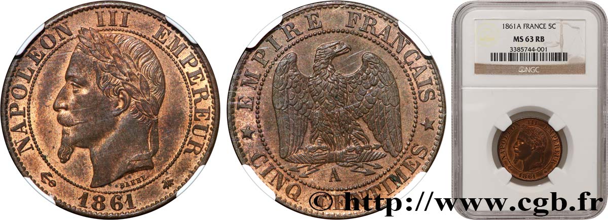 Cinq centimes Napoléon III, tête laurée 1861 Paris F.117/4 SPL63 NGC