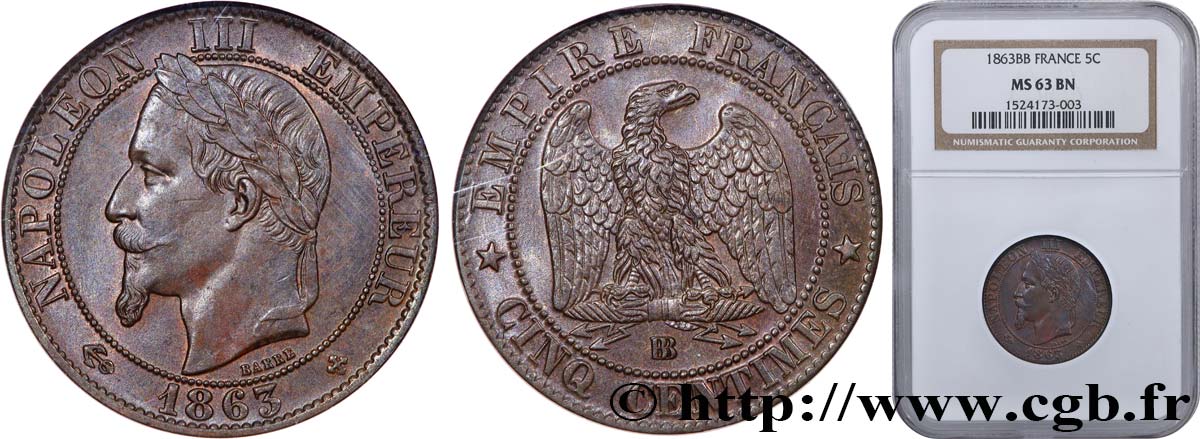 Cinq centimes Napoléon III, tête laurée 1863 Strasbourg F.117/11 MS63 NGC