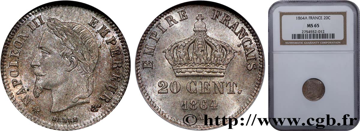 20 centimes Napoléon III, tête laurée, petit module 1864 Paris F.149/1 MS65 NGC