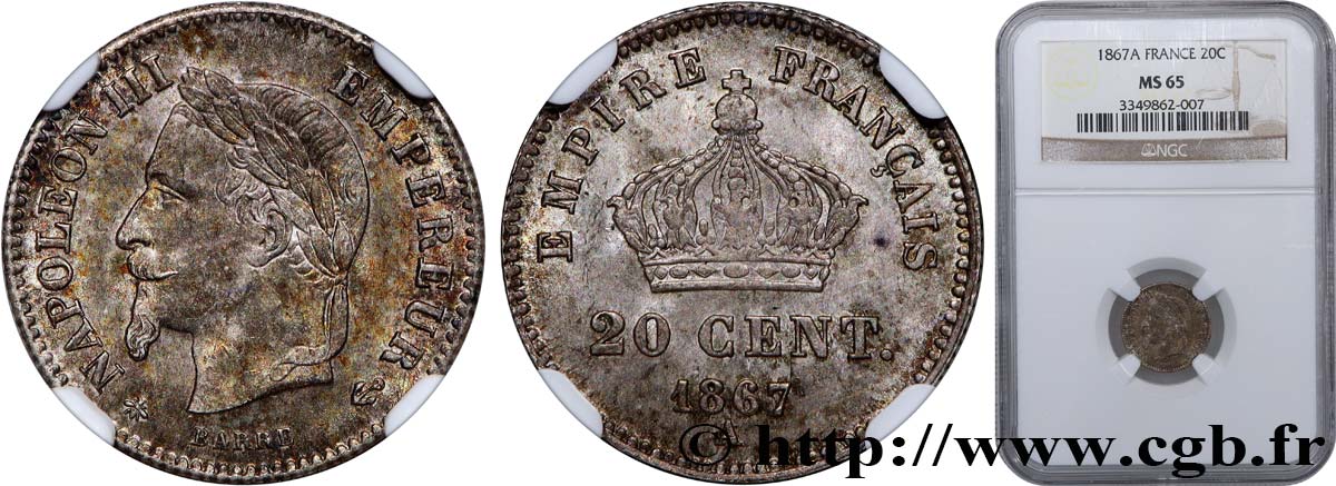 20 centimes Napoléon III, tête laurée, grand module 1867 Paris F.150/1 FDC65 NGC