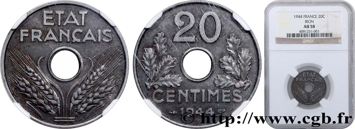 20 centimes fer 1944  F.154/3 SUP58 NGC