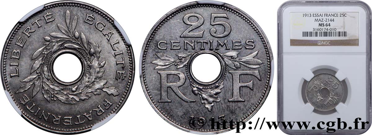 Essai de 25 centimes par Guis, grand module 1913 Paris GEM.71 2 SC64 NGC