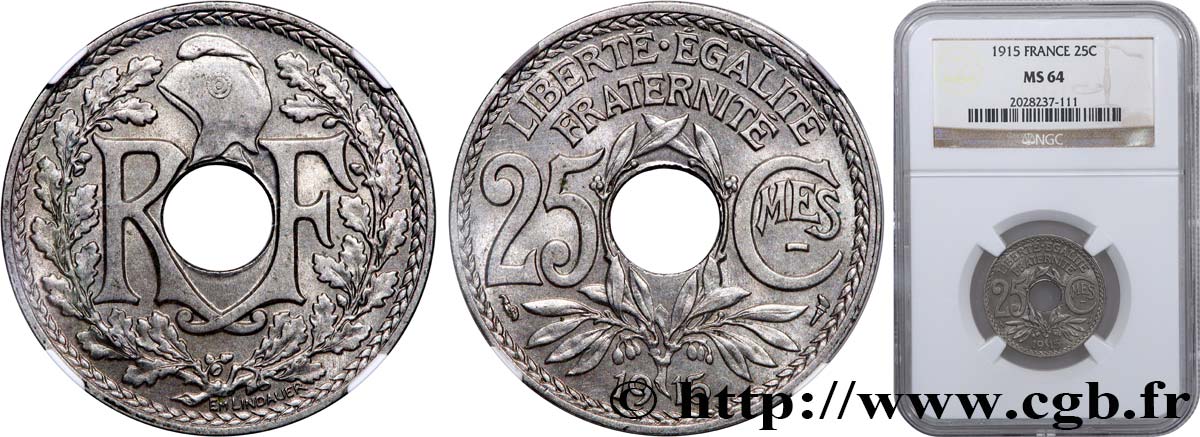 25 centimes Lindauer, Cmes souligné 1915  F.170/3 SPL64 PCGS