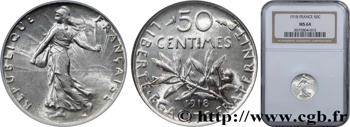 50 centimes Semeuse 1918 Paris F.190/25 fST64 NGC