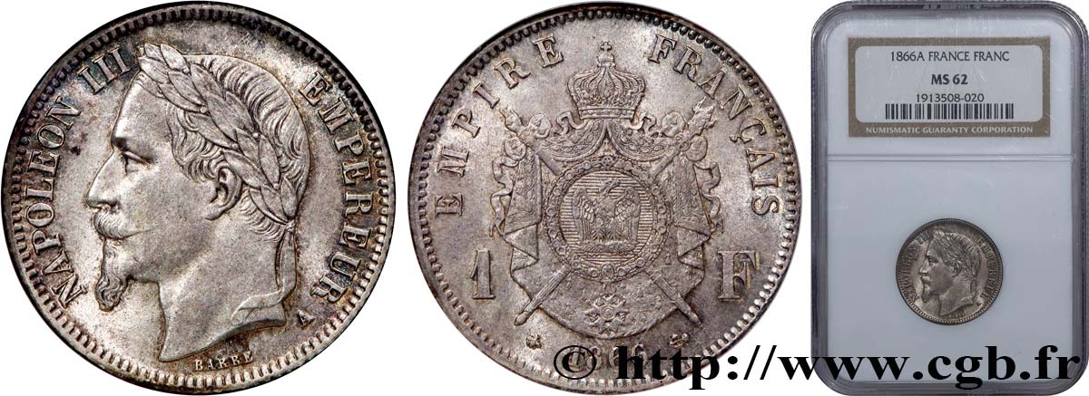 1 franc Napoléon III, tête laurée 1866 Paris F.215/3 SPL62 NGC