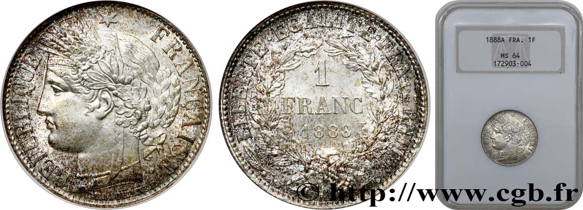 1 franc Cérès, IIIe République 1888 Paris F.216/10 SPL64 NGC