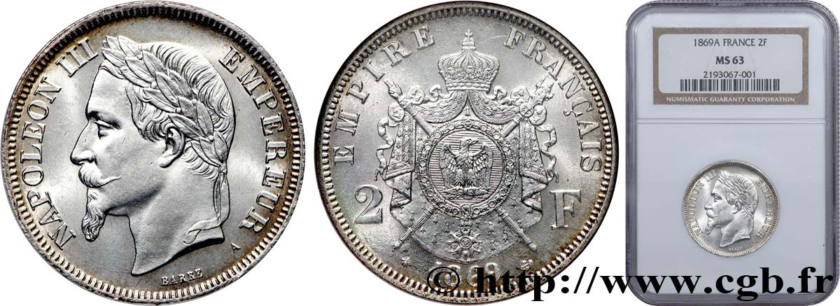 2 francs Napoléon III, tête laurée  1869 Paris F.263/10 fST63 NGC