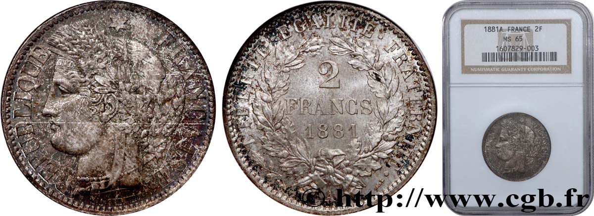 2 francs Cérès, avec légende 1881 Paris F.265/12 ST65 NGC