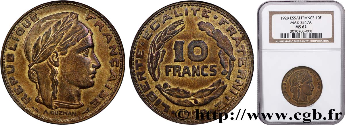 Concours de 10 francs, essai de Guzman en bronze-aluminium 1929 Paris GEM.164 3 SUP62 NGC