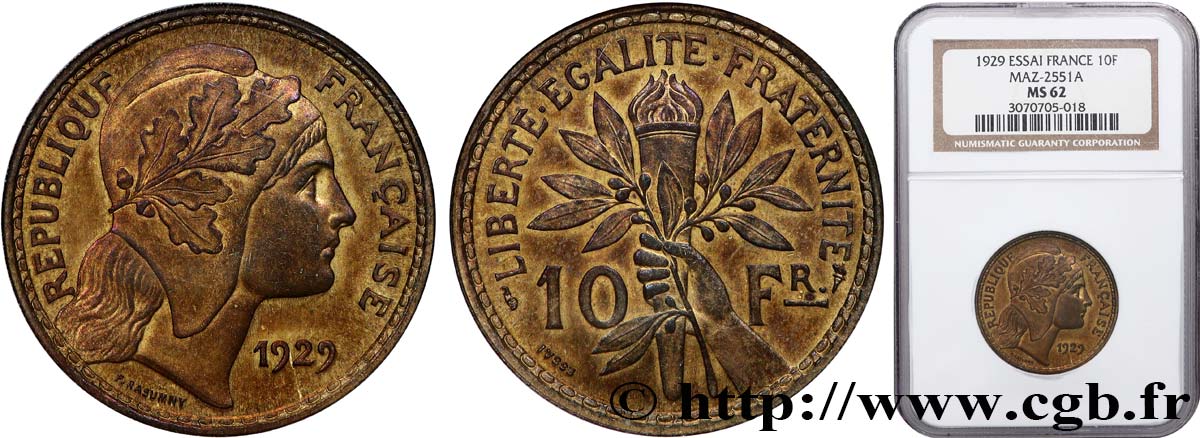 Concours de 10 francs, essai de Rasumny en bronze-aluminium 1929  GEM.168 3 SUP62 NGC