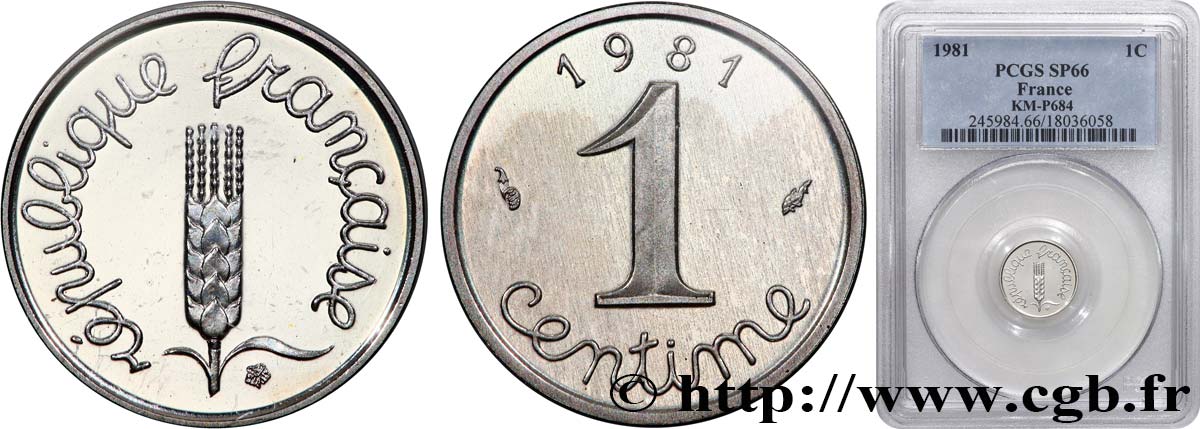 Piéfort argent de 1 centime Épi 1981 Pessac GEM.4 P2 FDC66 PCGS