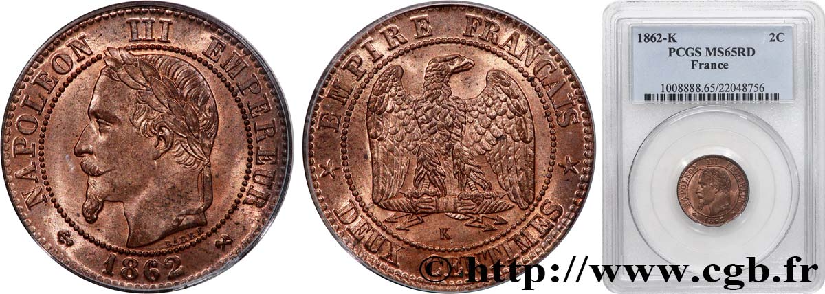Deux centimes Napoléon III, tête laurée 1862 Bordeaux F.108A/7 MS65 PCGS