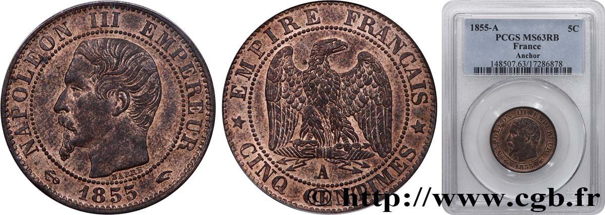 Cinq centimes Napoléon III, tête nue 1855 Paris F.116/17 SC63 PCGS