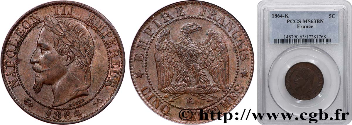 Cinq centimes Napoléon III, tête laurée 1864 Bordeaux F.117/15 SC63 PCGS