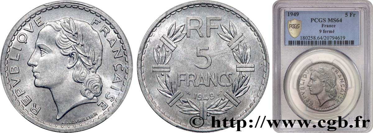 5 francs Lavrillier, aluminium 1949  F.339/17 SPL64 PCGS