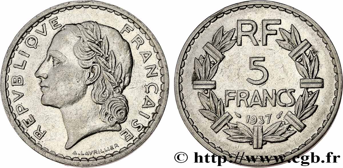 5 francs Lavrillier, nickel 1937  F.336/6 XF 