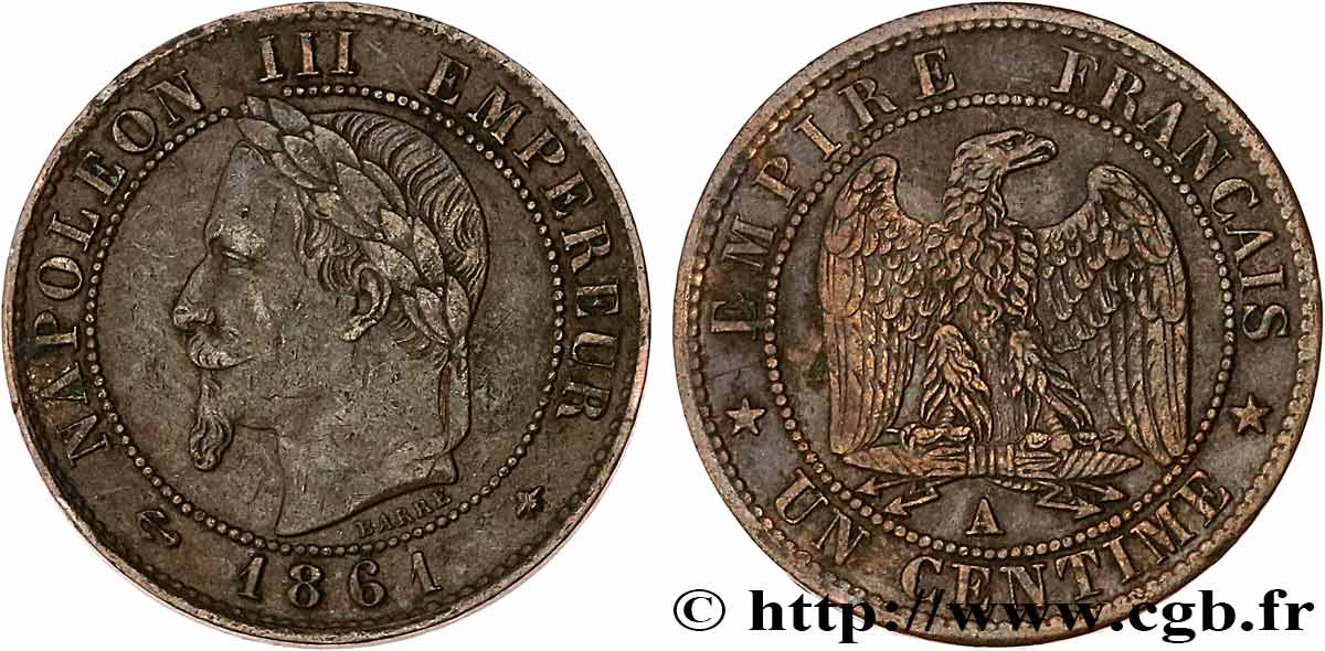 Un centime Napoléon III, tête laurée 1861 Paris F.103/1 TB35 