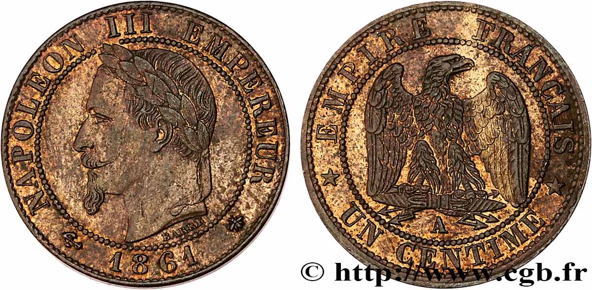 Un centime Napoléon III, tête laurée 1861 Paris F.103/1 AU58 