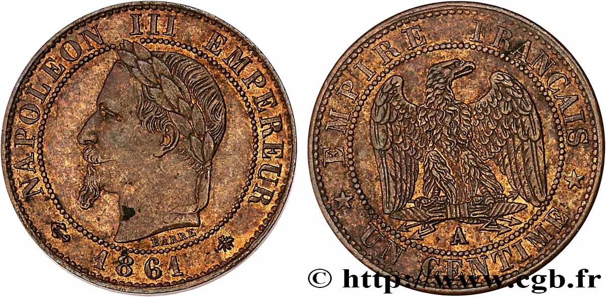 Un centime Napoléon III, tête laurée 1861 Paris F.103/1 MS61 