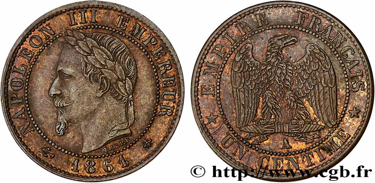Un centime Napoléon III, tête laurée 1861 Paris F.103/1 TTB+ 