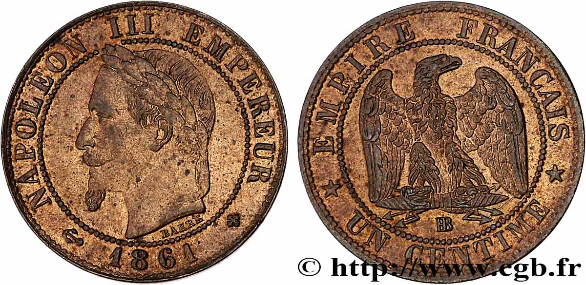 Un centime Napoléon III, tête laurée 1861 Strasbourg F.103/2 SUP+ 