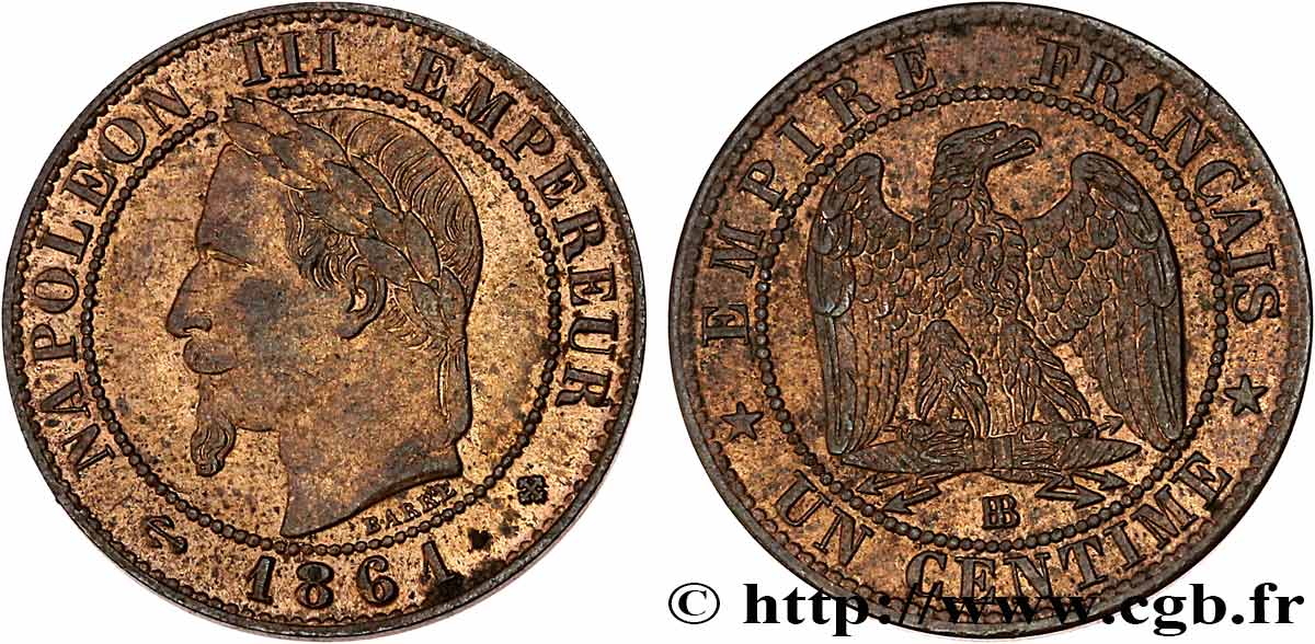 Un centime Napoléon III, tête laurée 1861 Strasbourg F.103/2 SUP60 