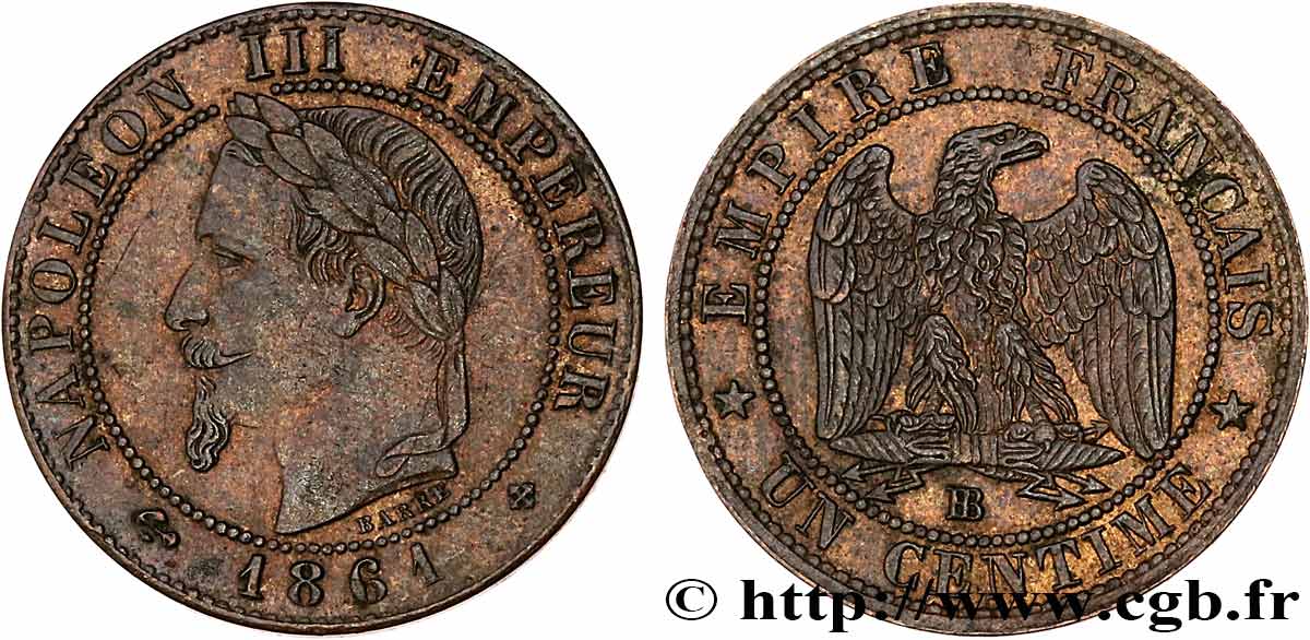 Un centime Napoléon III, tête laurée 1861 Strasbourg F.103/2 TTB+ 