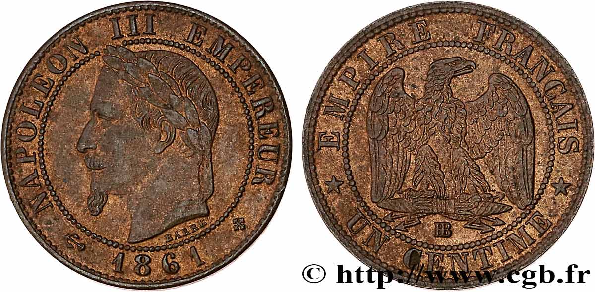 Un centime Napoléon III, tête laurée 1861 Strasbourg F.103/2 TTB53 