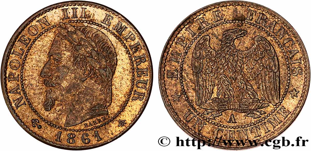 Un centime Napoléon III, tête laurée 1861 Paris F.103/1 SUP60 